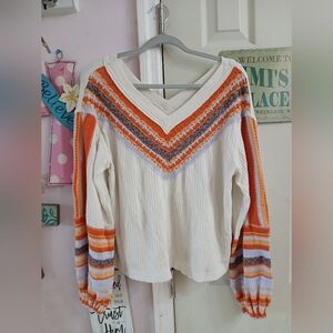 Free People Waffle Thermal Knit Bubble Sleeve Womens XS Relaxed Deep V Bohemian